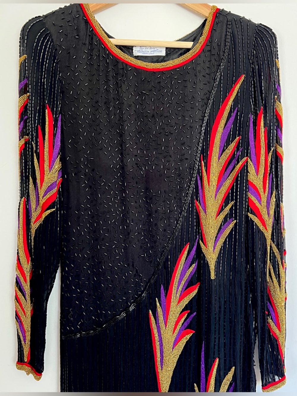 70s beaded silk statement gown gold & red leaf pattern beading studio 54 glam